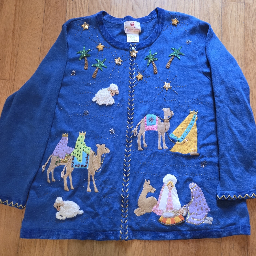Quacker Factory Royal Blue Holiday Cardigan Nativity Scene.
